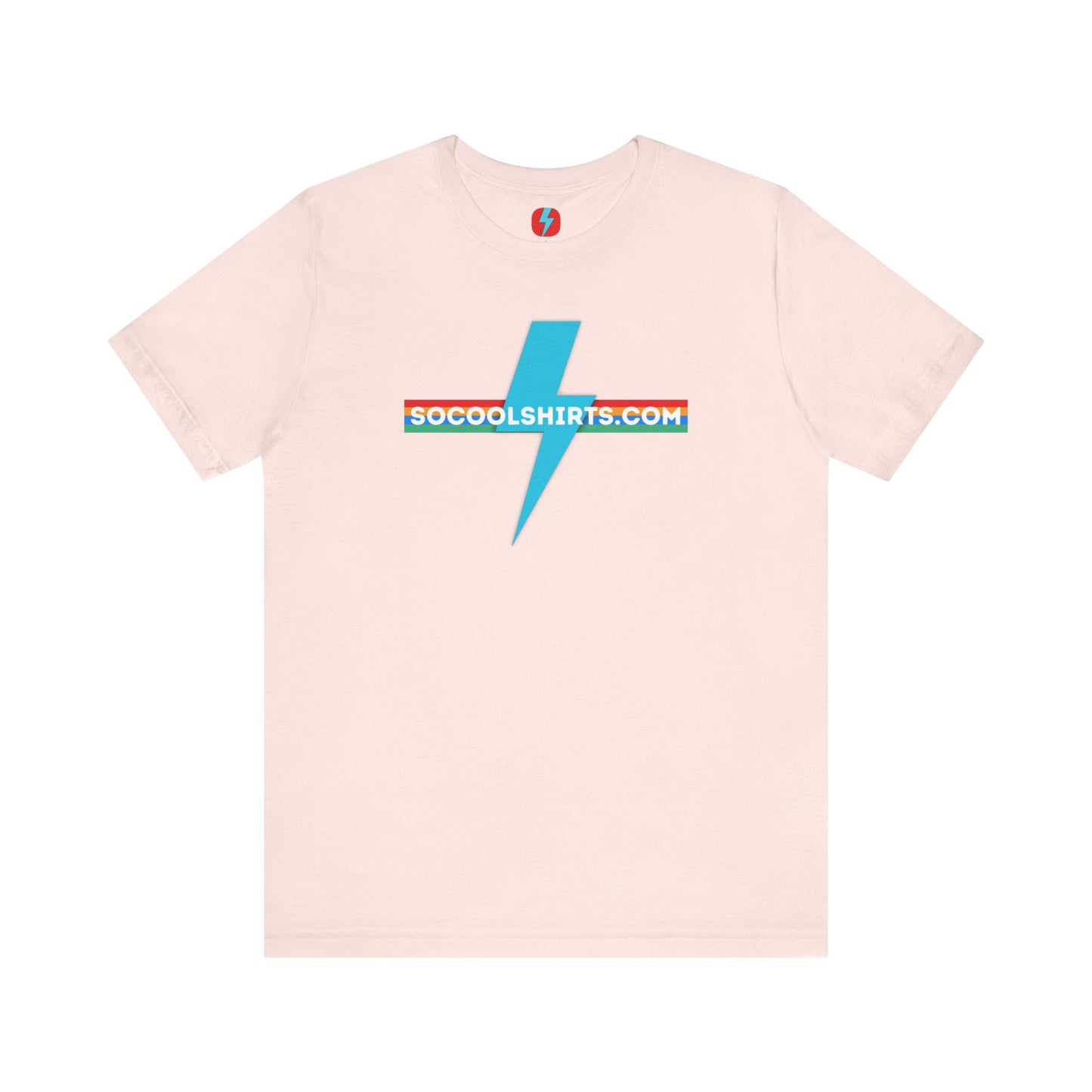 This unisex jersey short sleeve tee by Printify features a striking maroon color with a central light blue lightning bolt design. The text "SOCOOLSHIRTS.COM" is prominently displayed across the lightning bolt in white letters, set against a multicolored background that exudes retro vibes. The shirt is shown laid flat on a white backdrop.