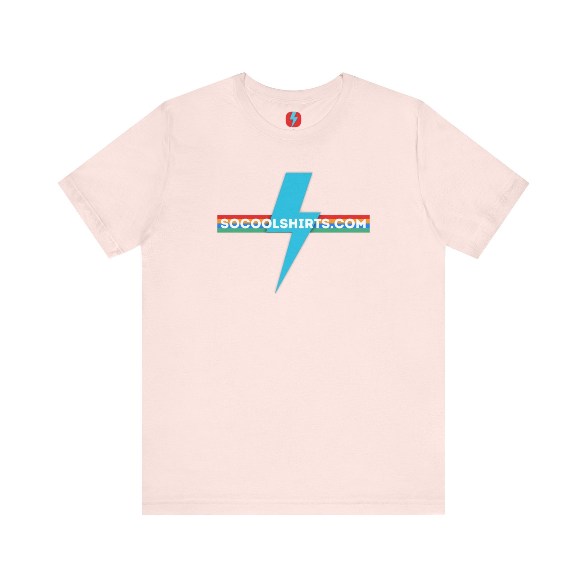 This unisex jersey short sleeve tee by Printify features a striking maroon color with a central light blue lightning bolt design. The text "SOCOOLSHIRTS.COM" is prominently displayed across the lightning bolt in white letters, set against a multicolored background that exudes retro vibes. The shirt is shown laid flat on a white backdrop.