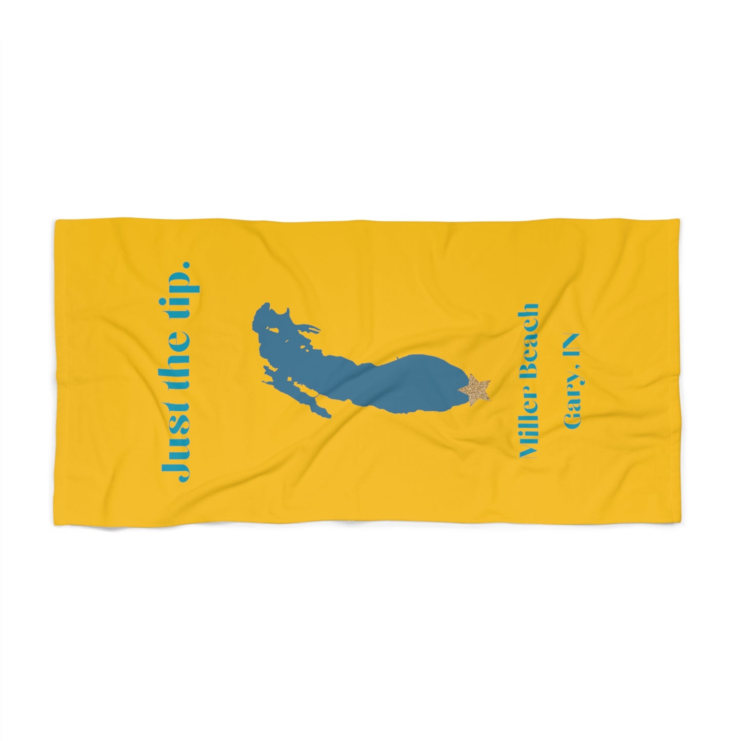 The Printify "Just the Tip - Miller Beach" towel is luxuriously soft and brightly yellow, featuring a blue silhouette of a woman's head with long hair adorned with a crown-like star. The sides are printed in blue with the text "Just the Tip" and "Miller Beach Gary, IN.