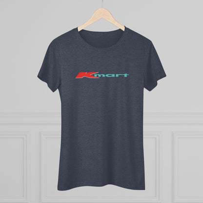 A women's triblend tee by Printify in light gray, featuring a casual and minimalist design that captures the essence of vintage style with a centered 1980s Retro Kmart logo on the front.