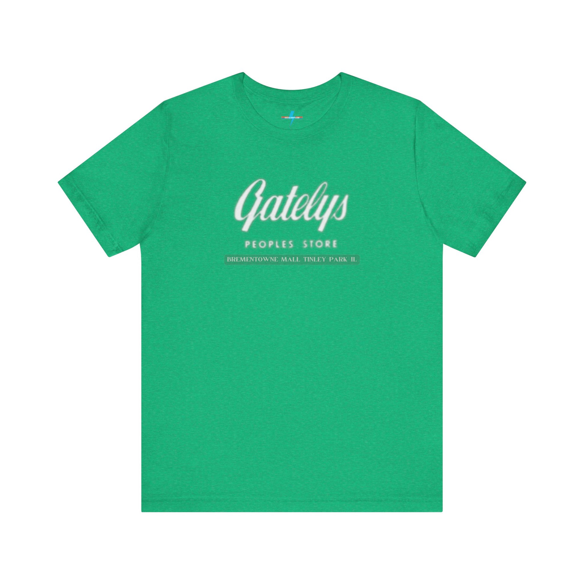 A green unisex jersey short sleeve tee from Printify's SoCool Shirts collection, featuring "Gately's People's Store" printed prominently in white on the front. Below this, smaller text reads "Tinley Park's Brementowne Mall" in white. The T-shirt is displayed against a plain white background and is named the "Gatelys Peoples Store - Vintage 1980s.