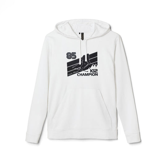 The Lane Meyer - Better Off Dead - 1985 K12 Champion Adidas unisex fleece hoodie by Printify is a white garment with a front pocket, crafted from sustainable materials. It showcases a sneaker graphic with the number "85" and the words "K12 CHAMPION" and "Long Marathon," offering versatility for any wardrobe.