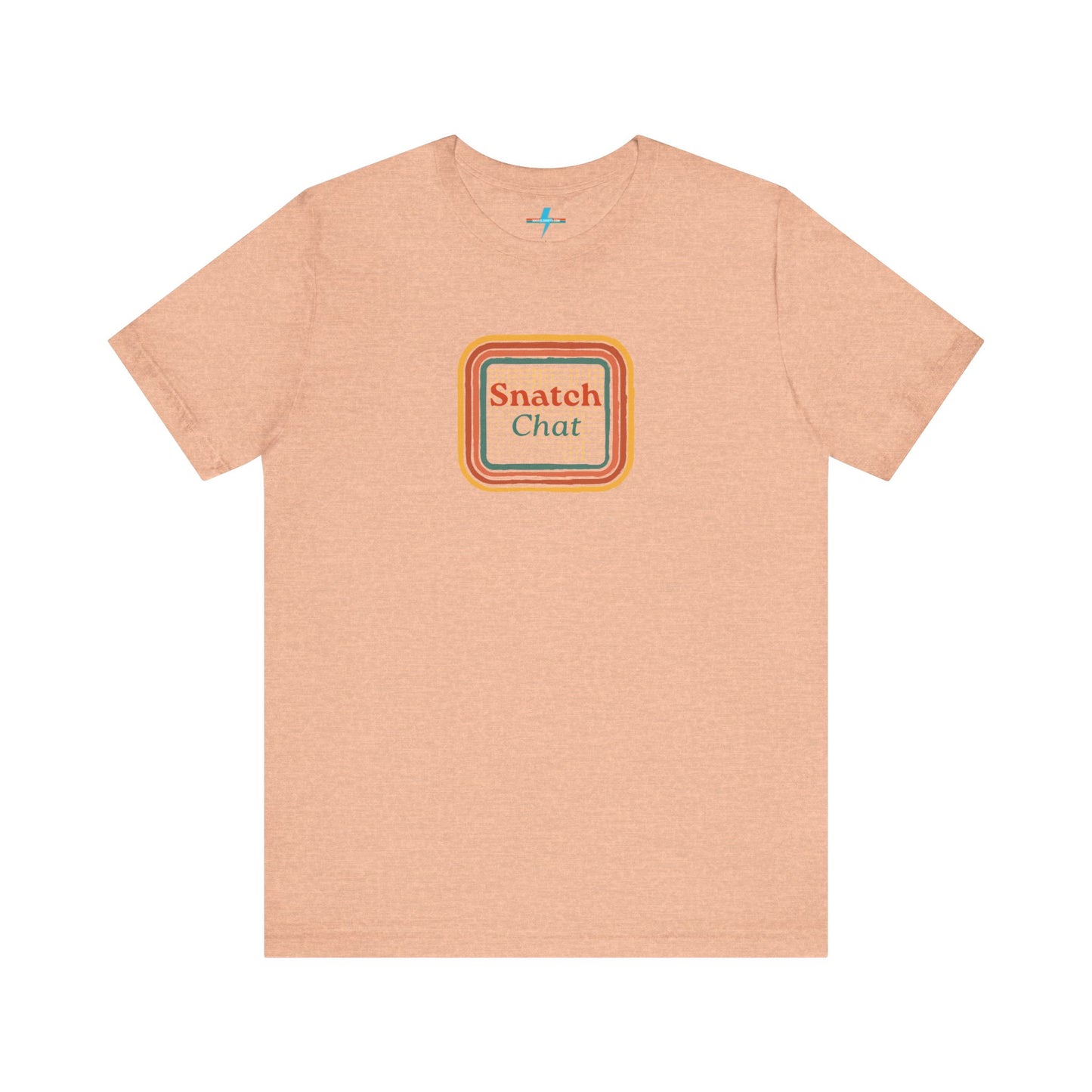 A light brown Snatch Chat - Unisex Jersey Short Sleeve Tee by Printify features the text "Snatch Chat" in the center, enclosed within a square composed of red, orange, yellow, and brown layers. This retro-designed tee is crafted from premium fabric and is showcased against a plain white background.