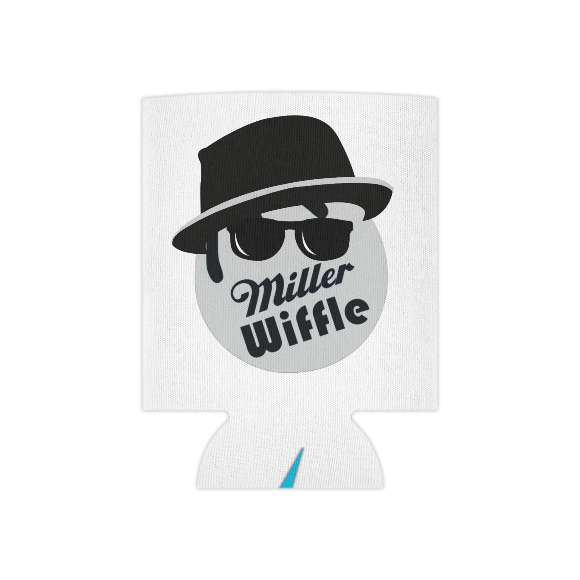 Image of the Printify Miller Wiffle Ball - Blues Brothers Koozie Can Cooler, showcasing a white can koozie with a stylized illustration of a circular face wearing a black fedora and sunglasses, reminiscent of the Blues Brothers, alongside the text "Miller Wiffle." The bottom of the cooler features "SOCOOLSHIRTS.COM" in blue and red.