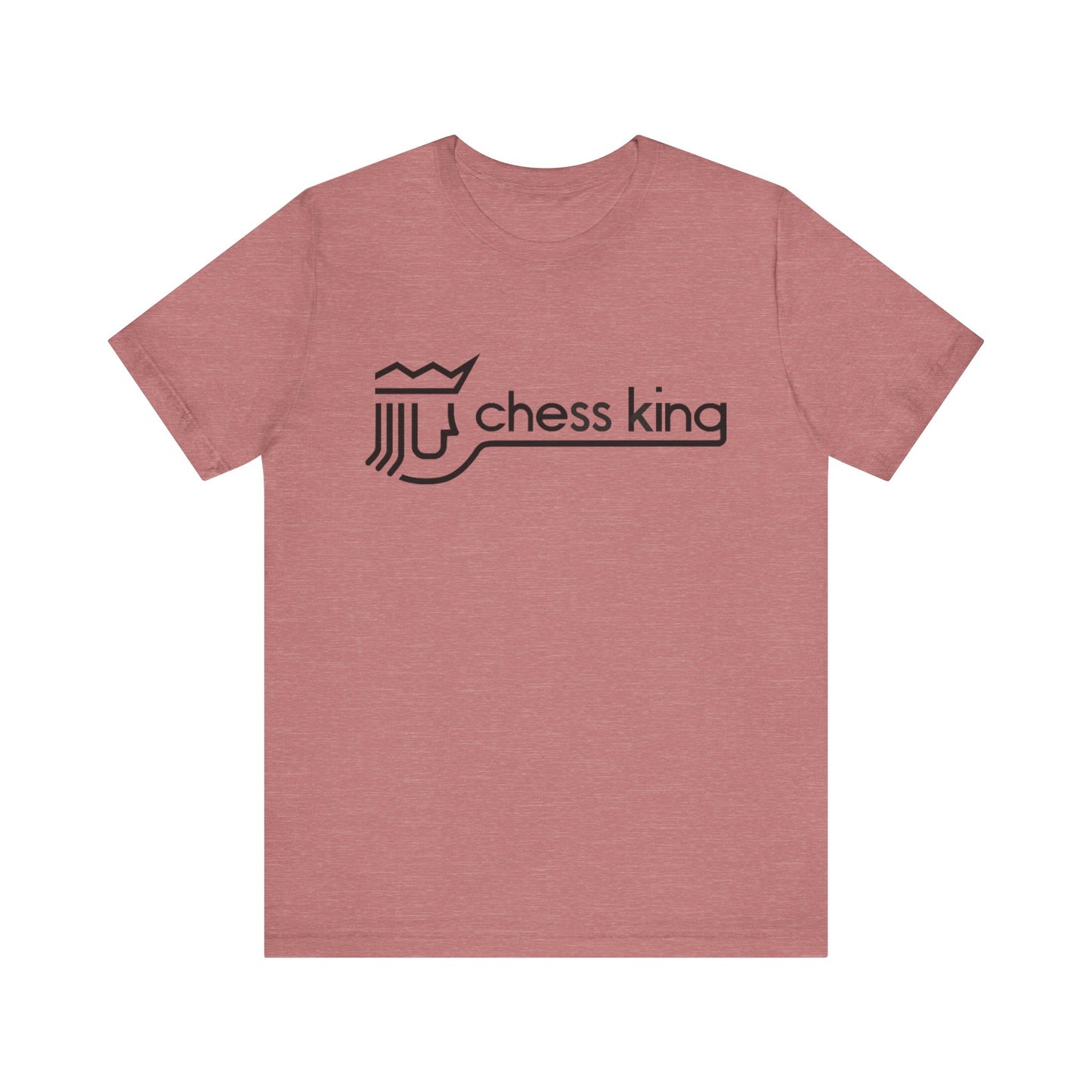 A unisex jersey short sleeve tee from Printify, featuring the Chess King 1980's Clothing Store Logo with a black, stylized king chess piece and the words "Chess King" on a blue background, reminiscent of retro 80s fashion.