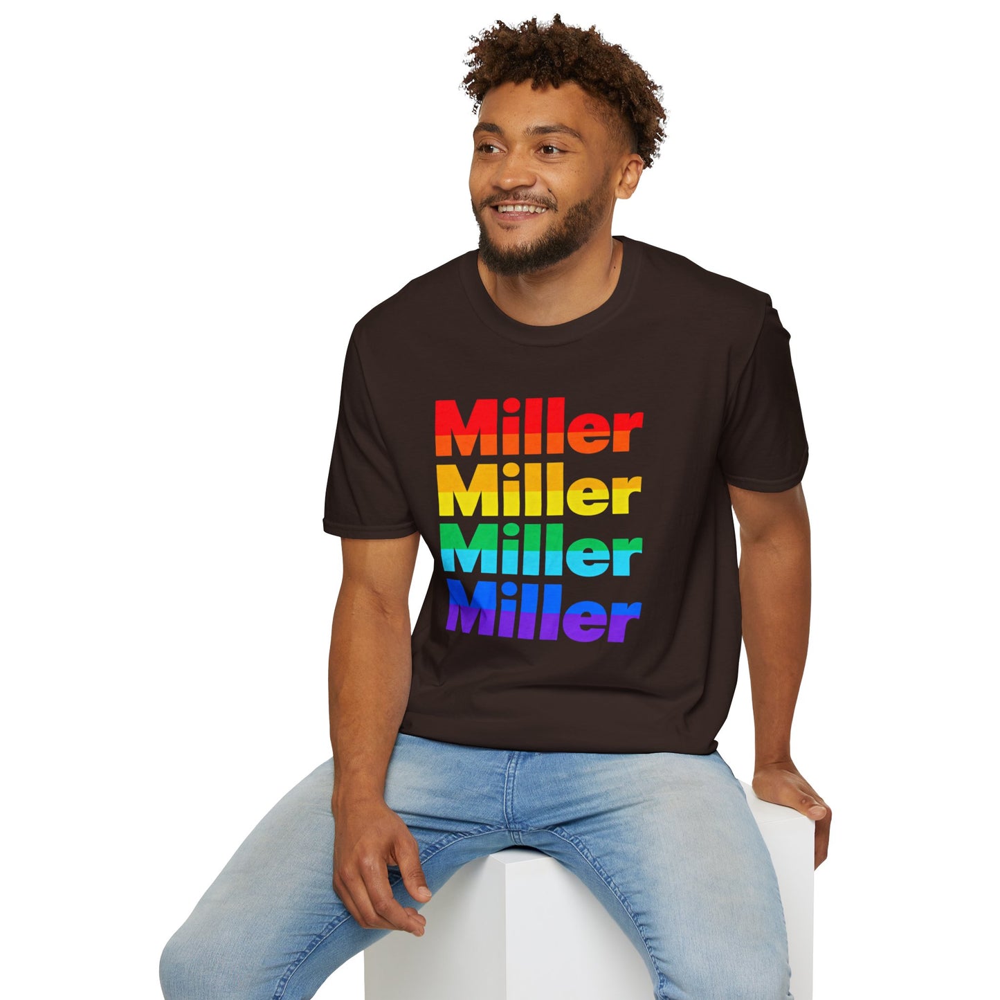 Miller Beach Rainbow Retro Tee — Vintage Stack Name Pride T-Shirt