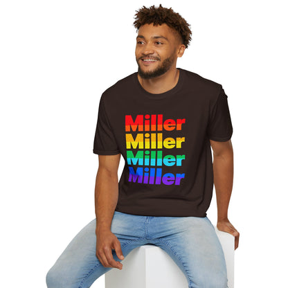 Miller Beach Rainbow Retro Tee — Vintage Stack Name Pride T-Shirt
