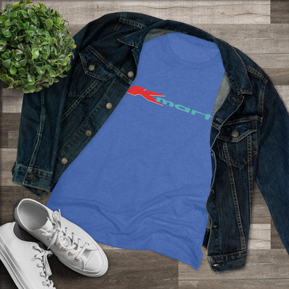 A women's triblend tee by Printify in light gray, featuring a casual and minimalist design that captures the essence of vintage style with a centered 1980s Retro Kmart logo on the front.