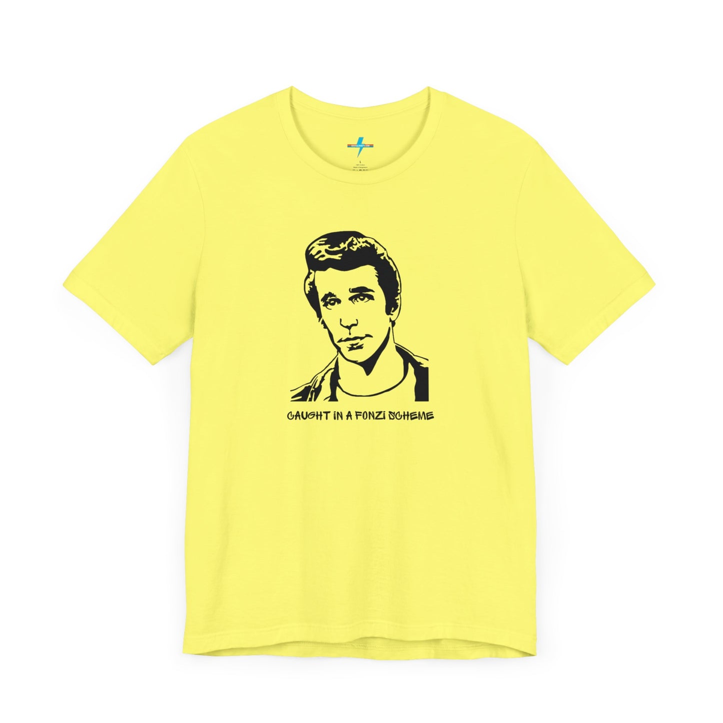 A white unisex jersey short sleeve tee by Printify, named "Caught in a Fonzi Scheme - Happy Days - Retro," features a black and white illustration of a person with a serious expression and styled hair, perfectly capturing the nostalgic apparel vibe. Below the illustration, the text reads "CAUGHT IN A FONZI SCHEME," making it an ideal Happy Days tribute shirt.