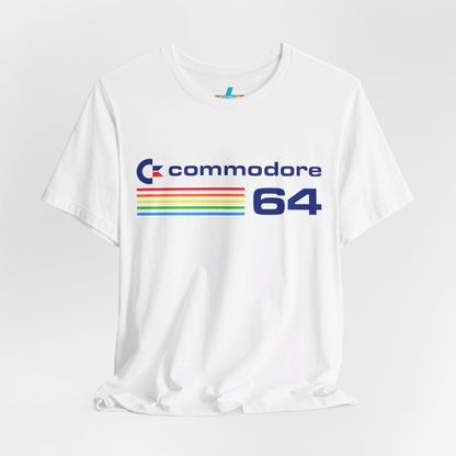 The 1980s Commodore 64 Computer C64 Unisex Jersey Short Sleeve Tee from Printify features a green T-shirt adorned with a vintage design showcasing the text "Commodore 64" and multicolored horizontal lines next to it. The word "Commodore" is emblazoned in blue alongside the Commodore logo, while the number "64" is also highlighted in blue on the right. Ideal for any retro tech enthusiast, this shirt is displayed against a white background.