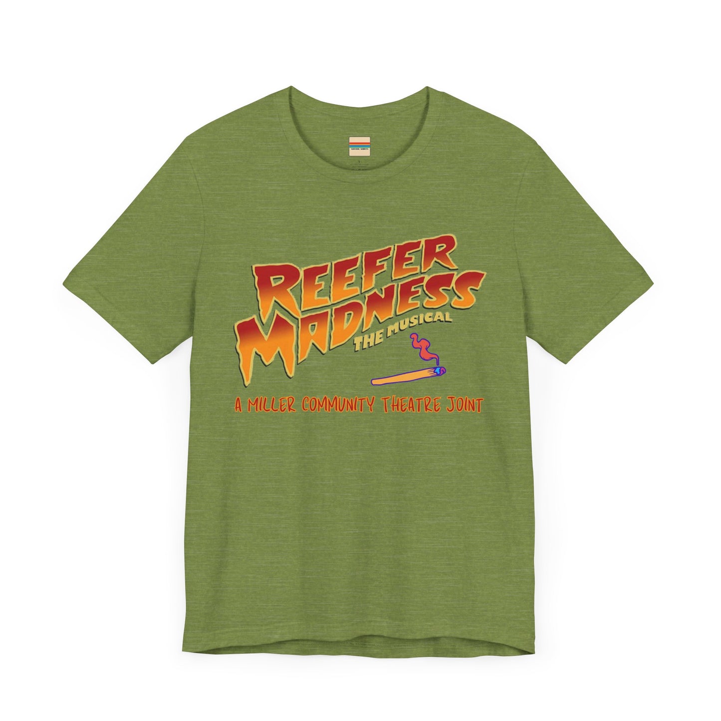 The Miller Community Theatre - Reefer Madness Cast and Crew Shirt by Printify showcases a vibrant design featuring bold, colorful text that reads "Reefer Madness The Musical" with a cartoon joint illustration. Below the main text, "A Miller Community Theatre Joint" is highlighted in red. This limited-edition green t-shirt, with its centered design, is perfect for cast and crew members.