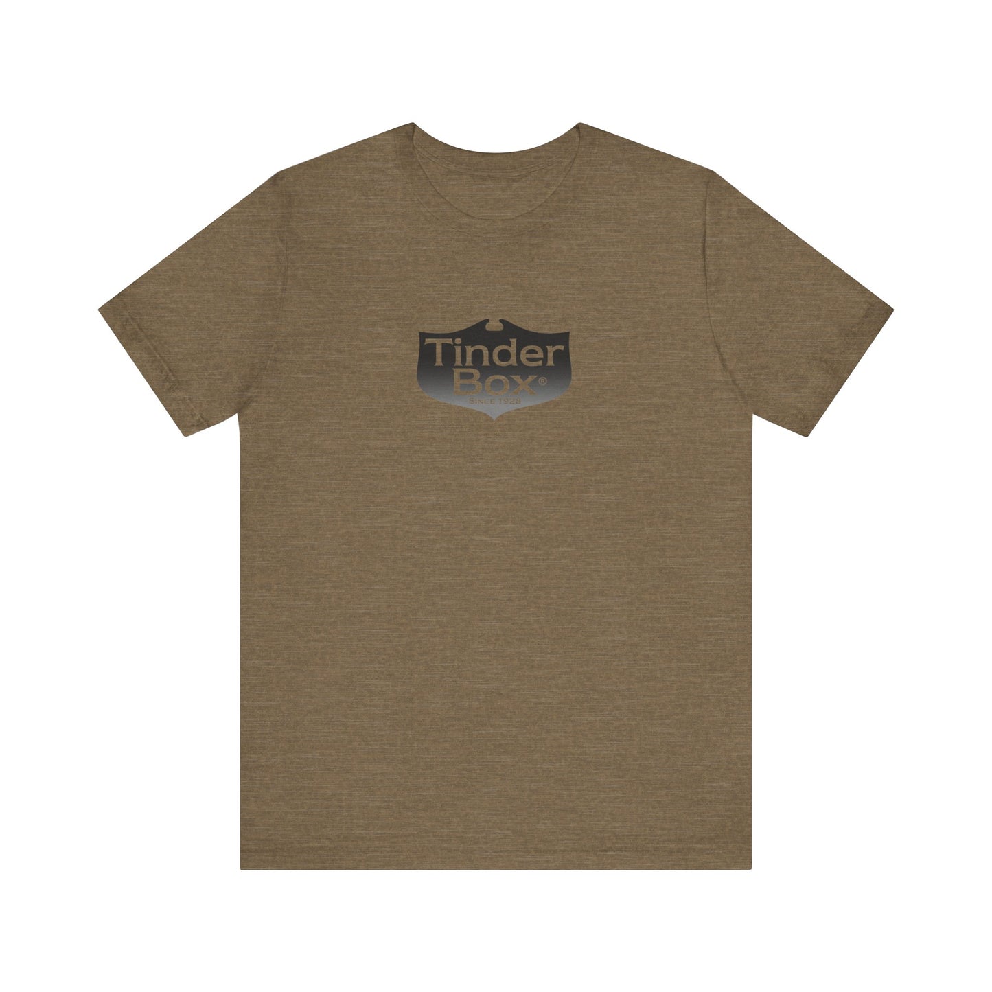 A light blue Printify "The Tinder Box 1980s" unisex jersey short sleeve tee featuring the "Tinder Box" logo in the center. The logo consists of a dark shield with the words "Tinder Box" in white text, with a small flame icon replacing the dot above the "i".