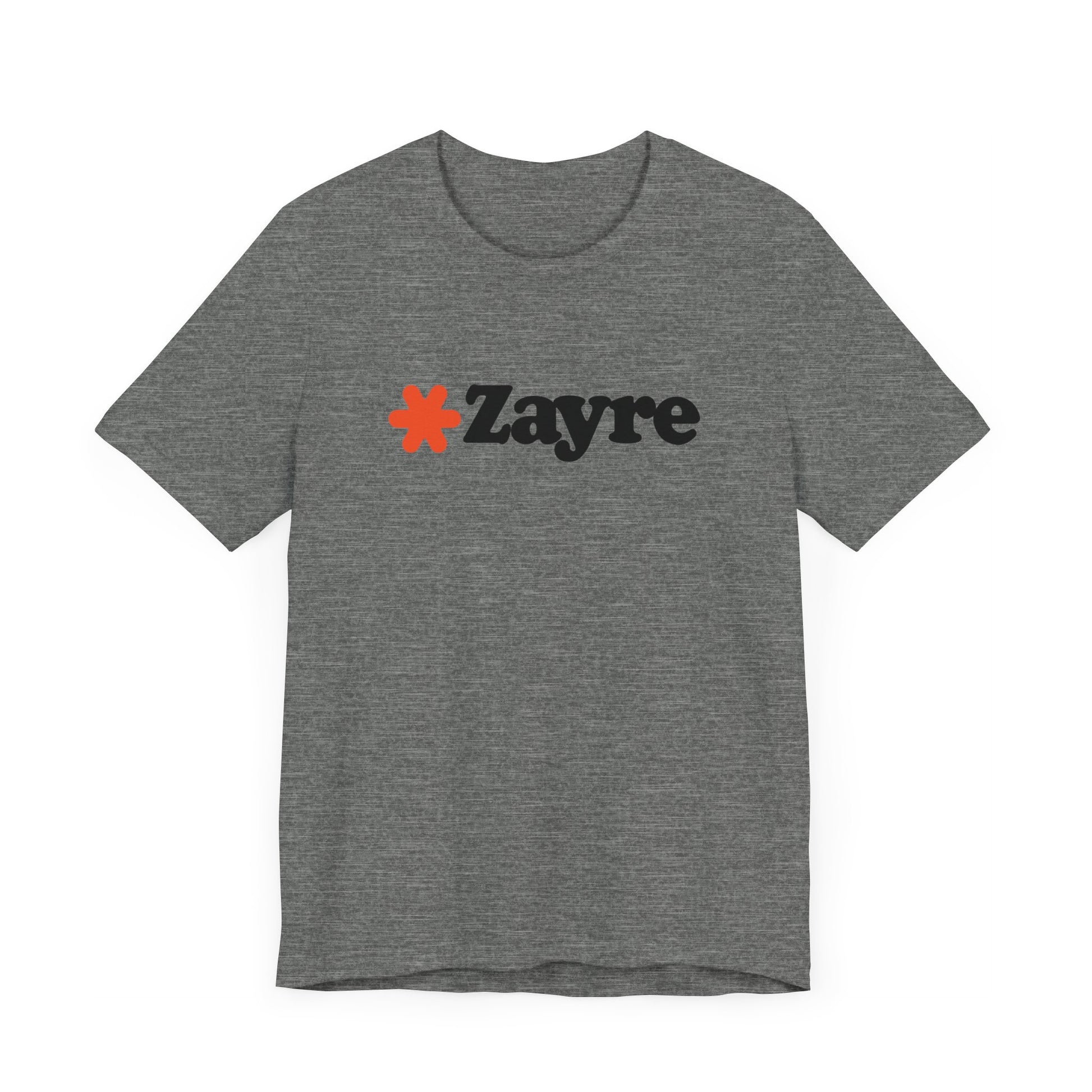 The Zayre Stores Logo - Retro 1980s Unisex Jersey Short Sleeve Tee by Printify features a gray design with the word "Zayre" printed in black letters and a red asterisk preceding the text. Reminiscent of retro fashion from the Zayre 1980s Retail Store, this shirt is displayed against a minimalistic white background and appears to be made of soft, comfortable fabric.