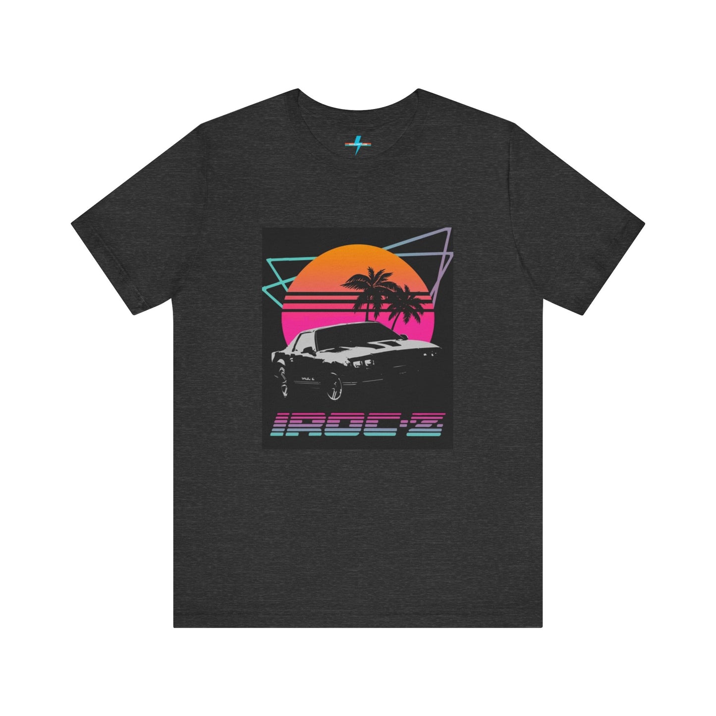 A Chevrolet Camaro iRoc Z Z28 T-Shirt 1980's by Printify, featuring a retro design with a black car, palm trees, and a sun setting in the background. The design includes geometric lines in neon colors and the text "IROC-Z" at the bottom, perfect for fans of the 1980s Chevy Camaro.