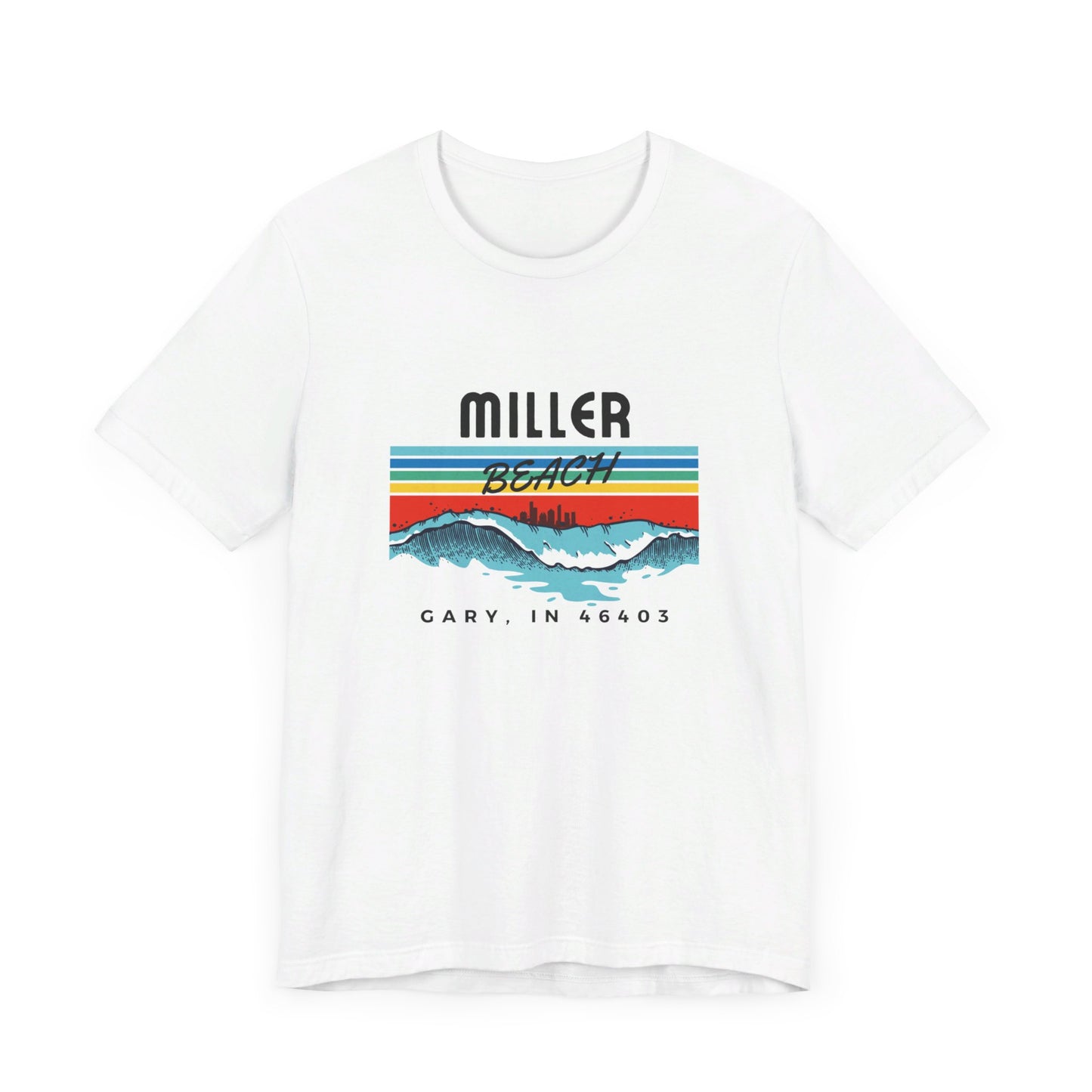 The Miller Beach 46403 Surf Style - Unisex Jersey Short Sleeve Tee by Printify features a retro surf-inspired design on a yellow background. The shirt displays "MILLER BEACH" above waves with a skyline illustration, while "Cary, IN 46403" is printed below the waves. The vibrant design also includes colorful stripes in shades of blue, red, and orange.