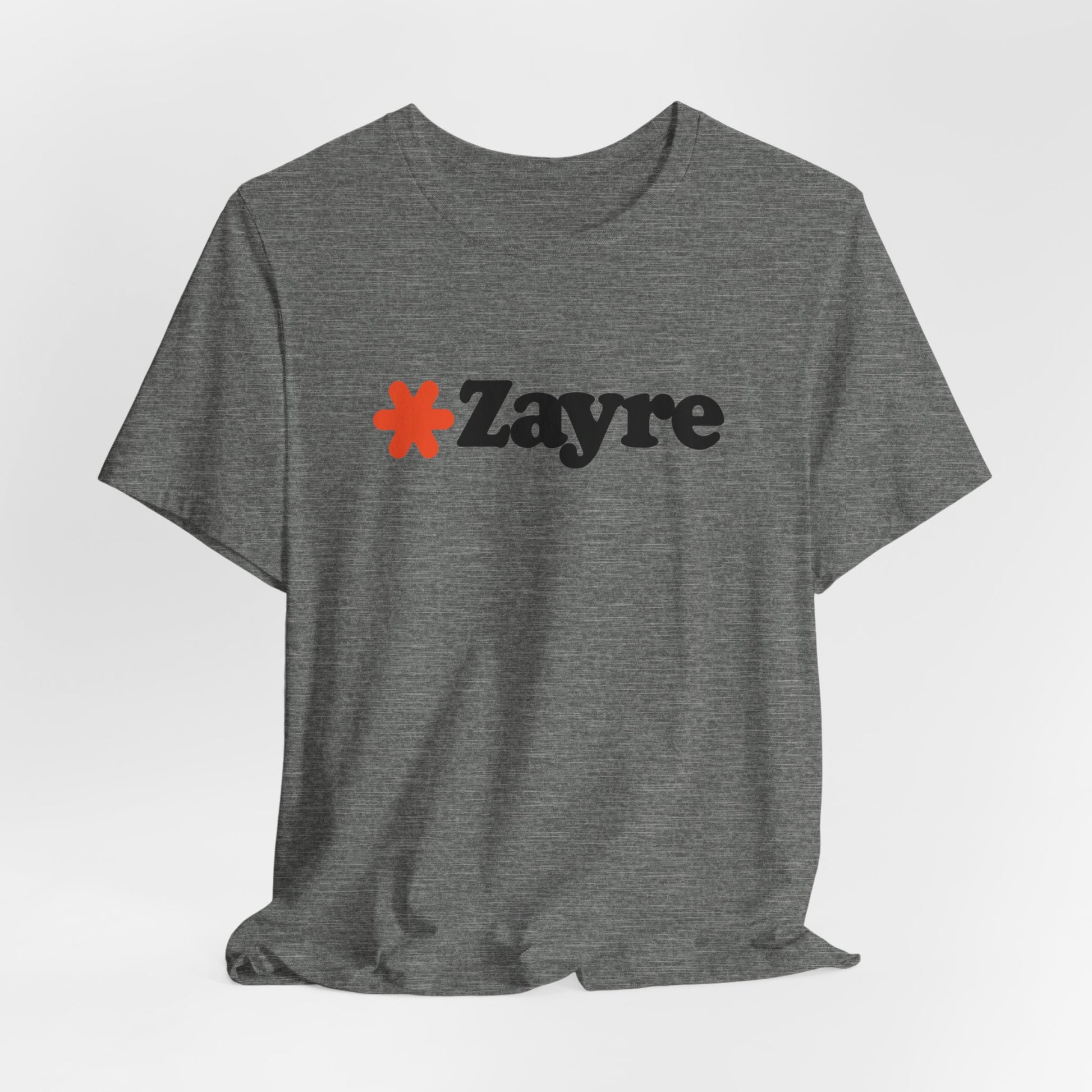 The Zayre Stores Logo - Retro 1980s Unisex Jersey Short Sleeve Tee by Printify features a gray design with the word "Zayre" printed in black letters and a red asterisk preceding the text. Reminiscent of retro fashion from the Zayre 1980s Retail Store, this shirt is displayed against a minimalistic white background and appears to be made of soft, comfortable fabric.