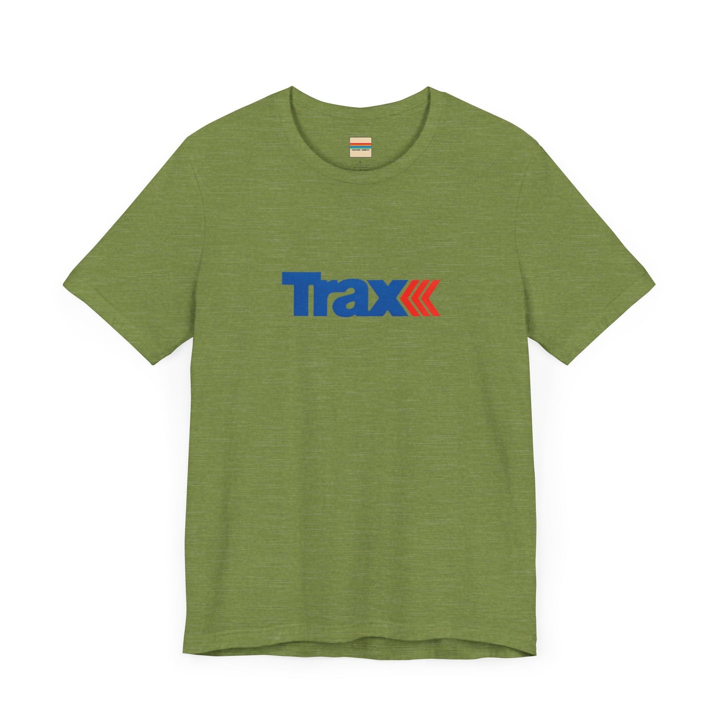 A gray unisex jersey short sleeve tee from Printify, inspired by retro 1980s Kmart style. The "Trax" logo is printed in blue letters, followed by three red arrows pointing to the right. This classic Trax Brand T-shirt is laid flat against a white background, capturing nostalgic fashion vibes.