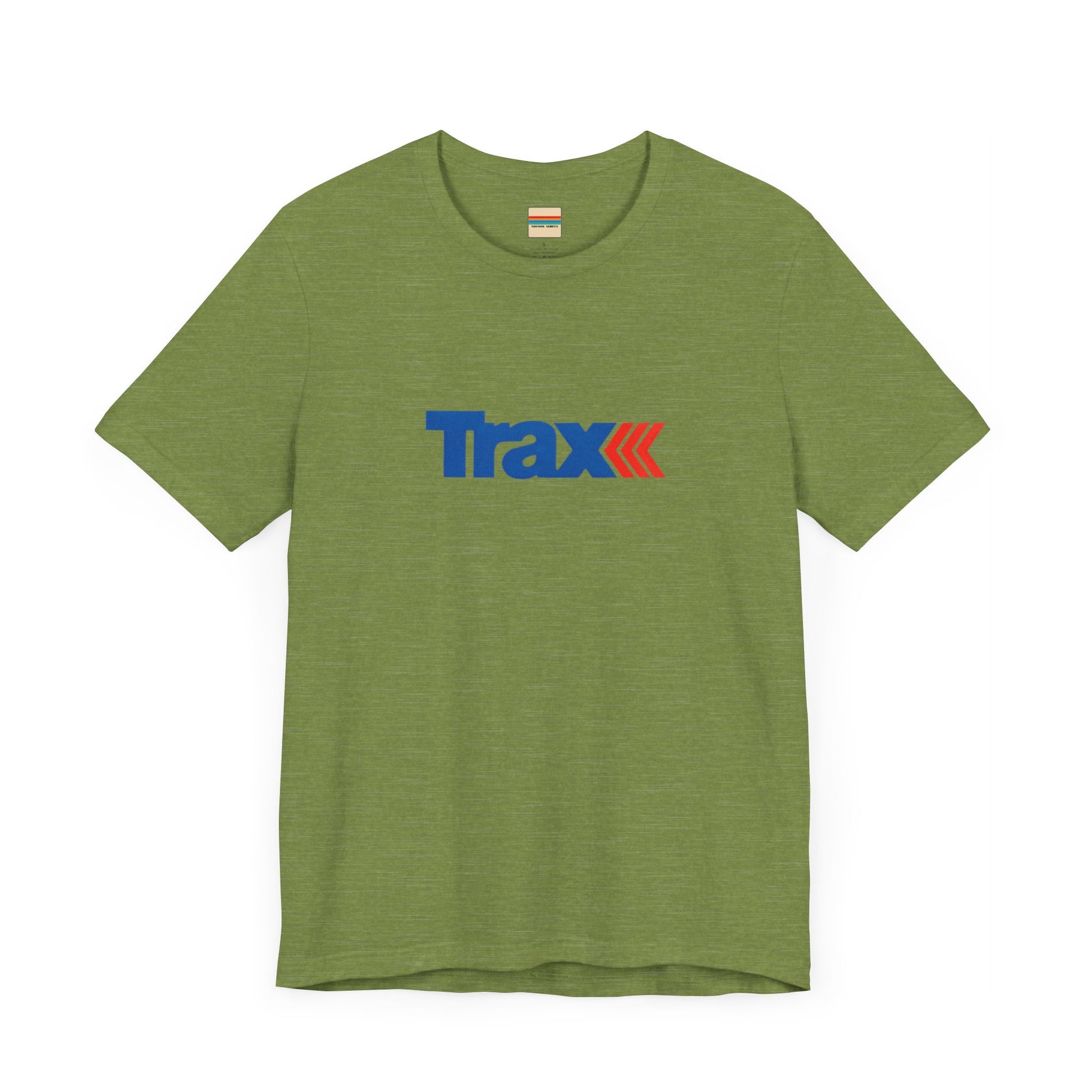 A gray unisex jersey short sleeve tee from Printify, inspired by retro 1980s Kmart style. The "Trax" logo is printed in blue letters, followed by three red arrows pointing to the right. This classic Trax Brand T-shirt is laid flat against a white background, capturing nostalgic fashion vibes.