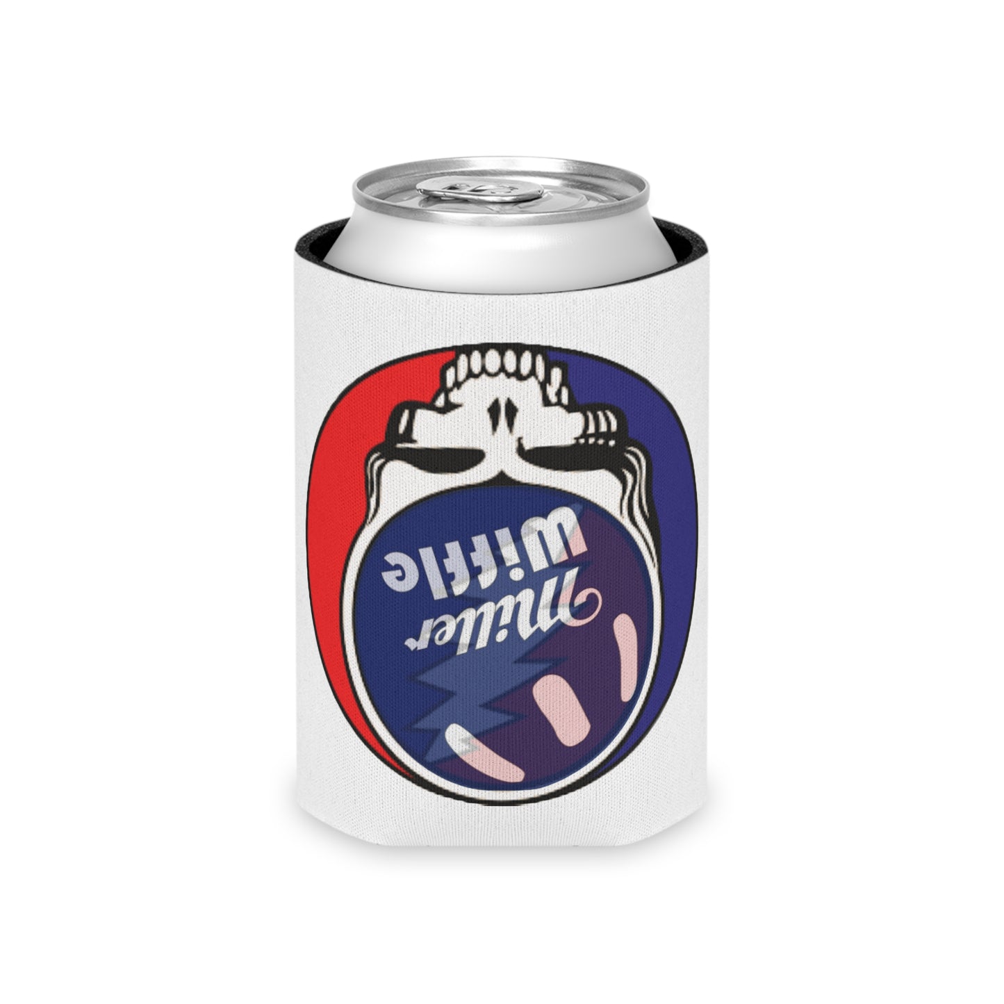 Introducing the Grateful Dead - Miller Wiffel Ball Steely Can Cooler by Printify. This lightweight, white beverage insulator features a stylish design with a stylized skull. The skull is topped with a wiffle ball-like sphere adorned in red, white, and blue, complete with a lightning bolt pattern and the text "Miller Wiffle." Keep your drinks cool in style with this eye-catching can cooler.