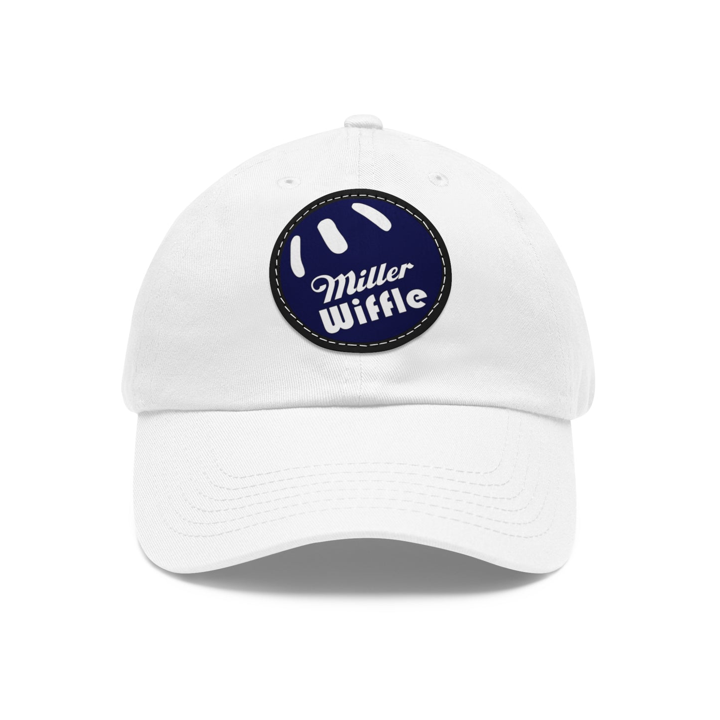 A gray dad hat by Printify, crafted from bio-washed chino twill, featuring a circular blue and white leather patch on the front. The patch showcases a baseball design with "Miller Wiffle" written in cursive font.