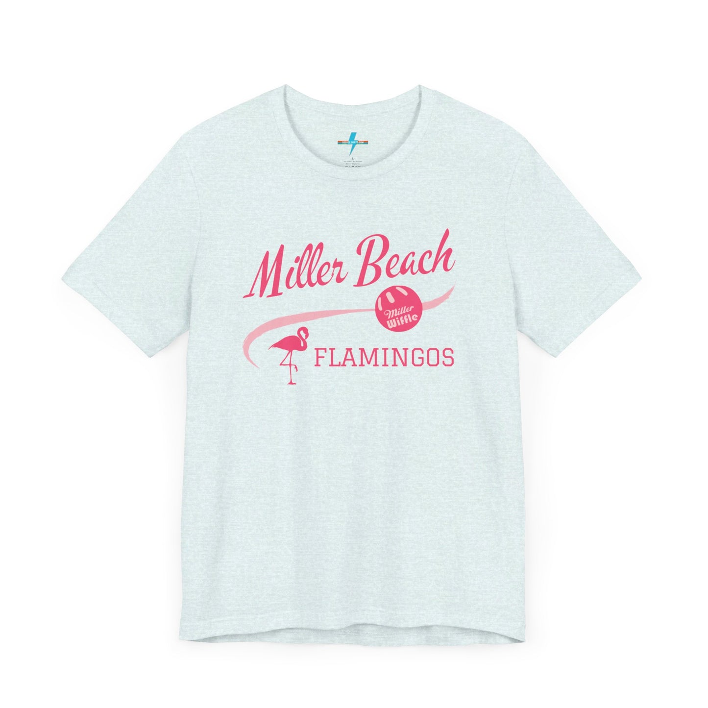 Printify offers the Miller Beach Flamingos WWBC - Unisex Jersey Short Sleeve Tee, featuring a light pink T-Shirt adorned with "Miller Beach Flamingos" and a volleyball graphic in pink. This design also includes an illustration of a flamingo, celebrating their participation in the World Wiffel Ball Championship. The shirt is showcased against a minimalist, white backdrop.