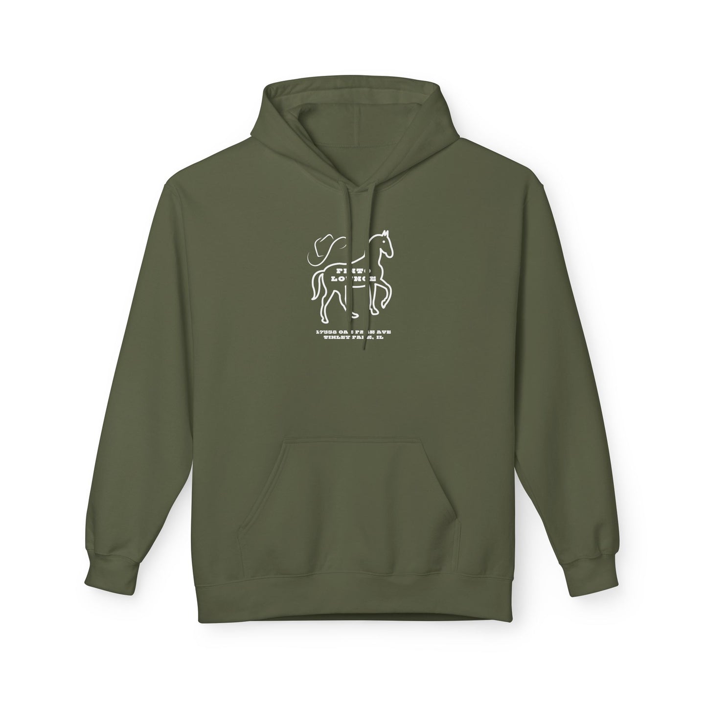 This olive green hoodie from Printify, inspired by the Pinto Lounge - Tinley Park, IL 1980s Softstyle Fleece Hoodie, features a white abstract design with a cat illustration and "NOIR" on the front. Made sustainably, it boasts a front pocket and drawstring hood for stylish comfort.