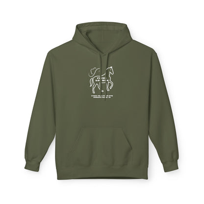 This olive green hoodie from Printify, inspired by the Pinto Lounge - Tinley Park, IL 1980s Softstyle Fleece Hoodie, features a white abstract design with a cat illustration and "NOIR" on the front. Made sustainably, it boasts a front pocket and drawstring hood for stylish comfort.