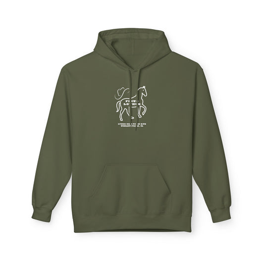 This olive green hoodie from Printify, inspired by the Pinto Lounge - Tinley Park, IL 1980s Softstyle Fleece Hoodie, features a white abstract design with a cat illustration and "NOIR" on the front. Made sustainably, it boasts a front pocket and drawstring hood for stylish comfort.