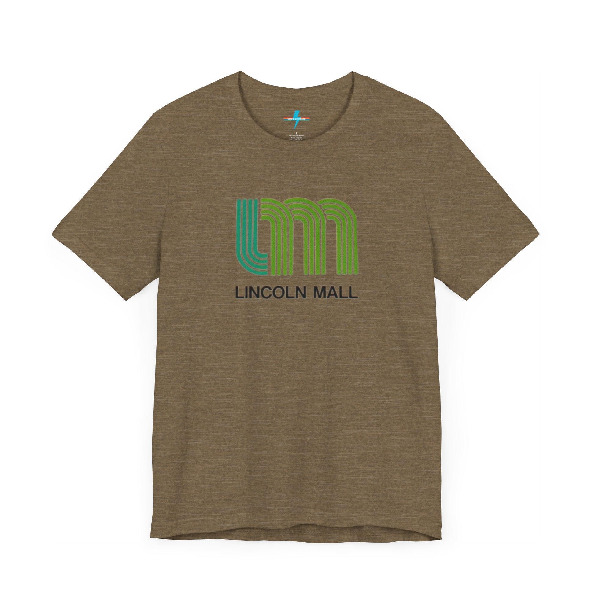 A light green unisex jersey short sleeve tee by Printify features "LINCOLN MALL" written under a retro-styled green and blue curved line design, celebrating the 70s and 80s shopping era in Lincoln Mall Matteson.