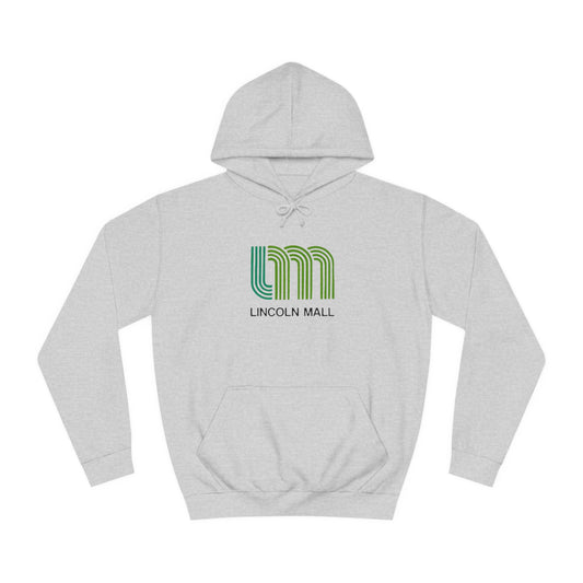 This unisex college hoodie by Printify features a gray design with a stylized green "LM" logo above the text "Lincoln Mall," inspired by the 1980s. It comes complete with a front pocket and drawstrings, capturing the retro style of Lincoln Mall, Matteson, IL.