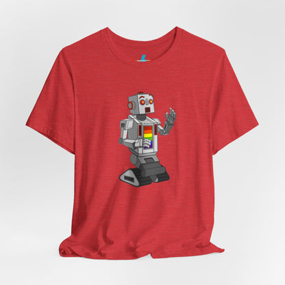 The "Gay Robot - Unisex Jersey Short Sleeve Tee" by Printify is a vibrant orange shirt featuring a retro-style robot graphic. The silver robot, accented with red and inspired by Nick Swardson's Gay Robot t-shirt, sports a colorful chest display. Laid flat against a white background, the design is showcased prominently.