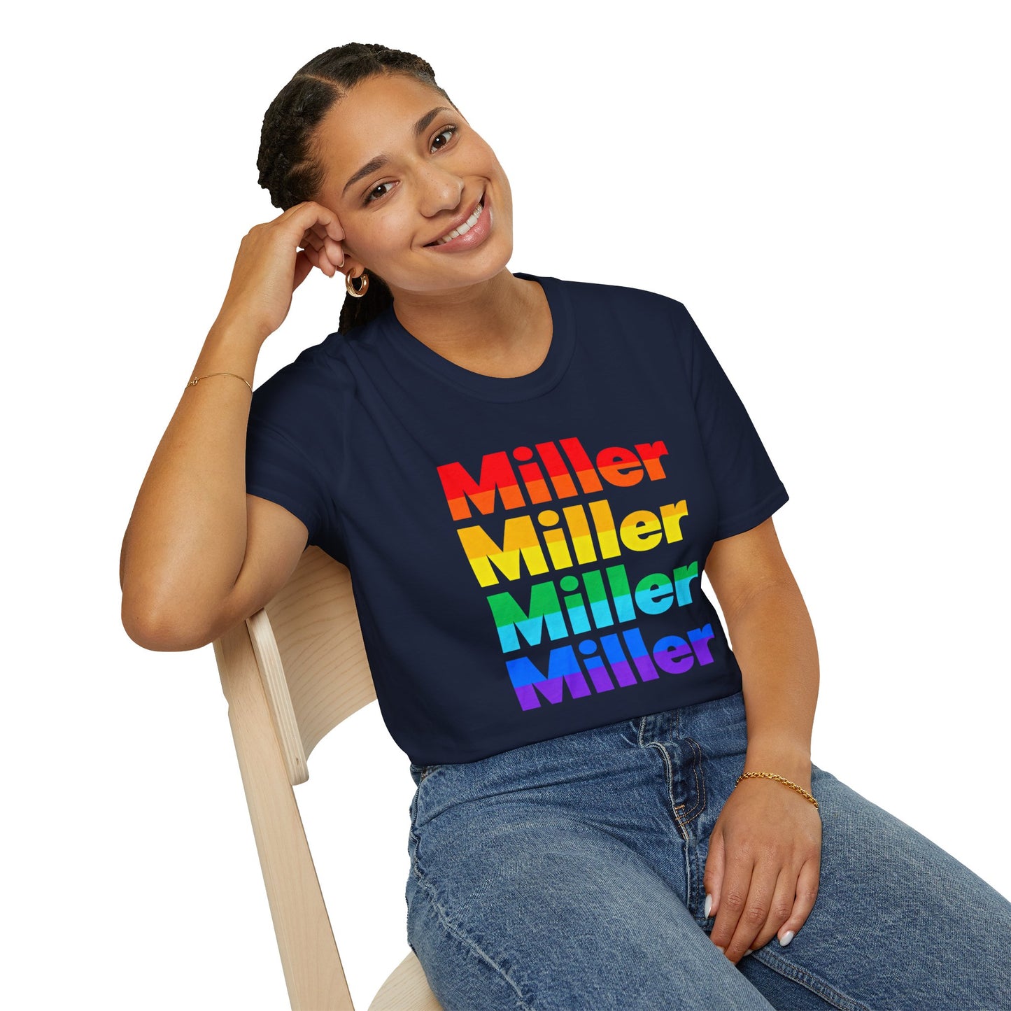 Miller Beach Rainbow Retro Tee — Vintage Stack Name Pride T-Shirt