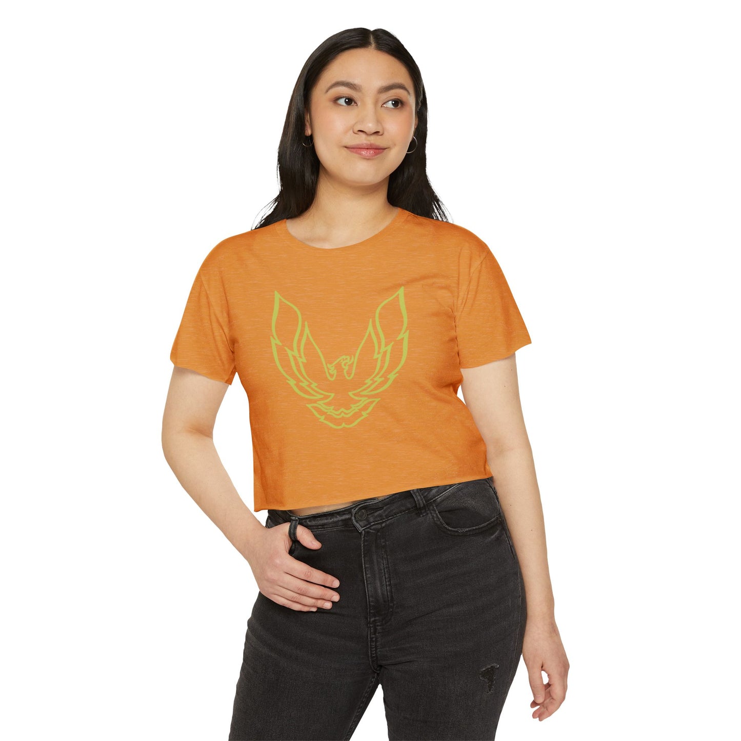 The Pontic Trans Am - Women's Festival Crop Top by Printify is a green heathered crop top featuring a large, stylized yellow eagle graphic with wings spread wide on the front, reminiscent of the Pontiac Phoenix Trans Am logo. With a simple crew neck and short sleeves, this top is ideal for vintage enthusiasts.