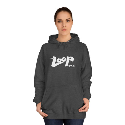 The Loop 97.9 Chicago Radio 1980s Hoodie by Printify showcases "The Loop 97.9" in striking white letters along with the iconic logo on the front. This essential piece for fans of the legendary Chicago rock radio station also features a handy front pocket and a drawstring hood.