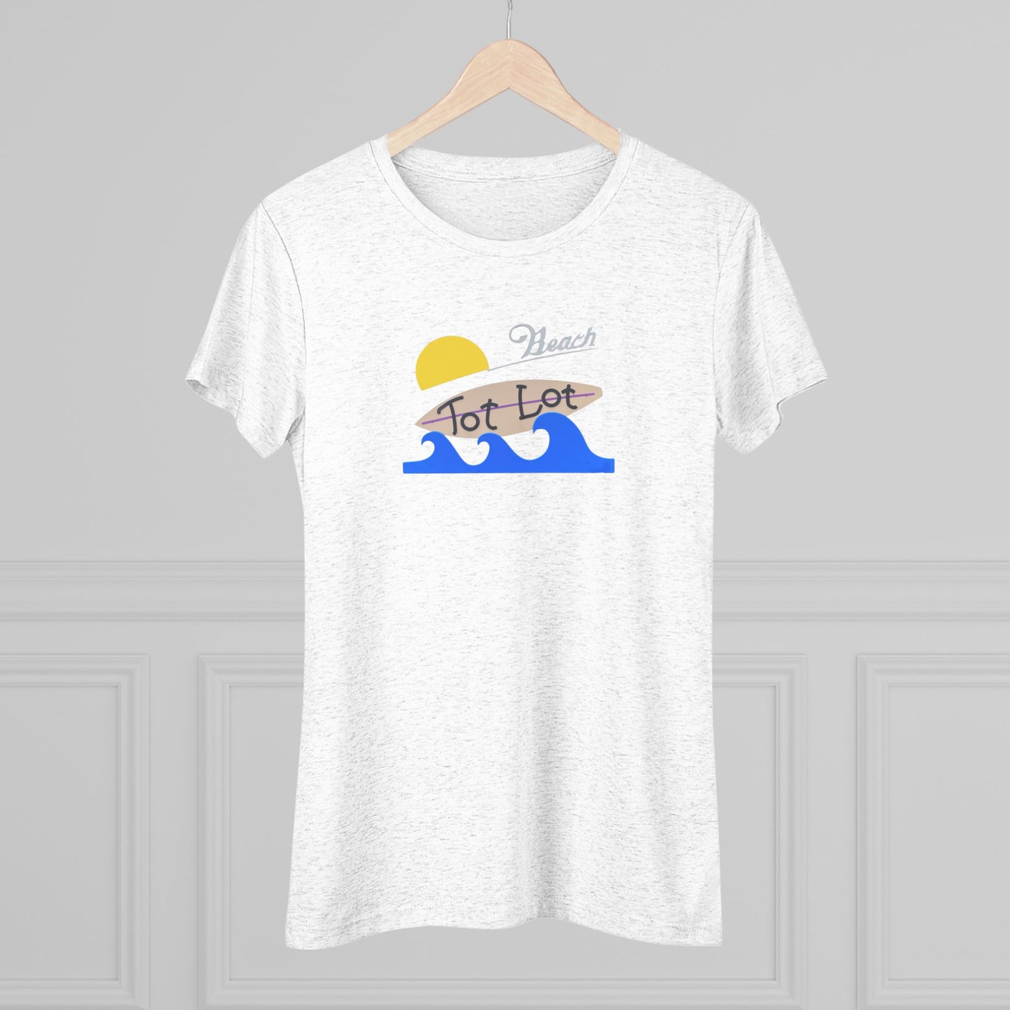 Introducing the Tot Lot Full Sign - Miller Beach - Women's Triblend Tee by Printify! This stylish gray t-shirt features a vintage-inspired design showcasing a setting sun, a surging blue wave, and the phrase "Miller Beach Tot Lot" in eye-catching stylized fonts. Perfect for any casual outing, this beach-themed top exudes a playful and trendy vibe.