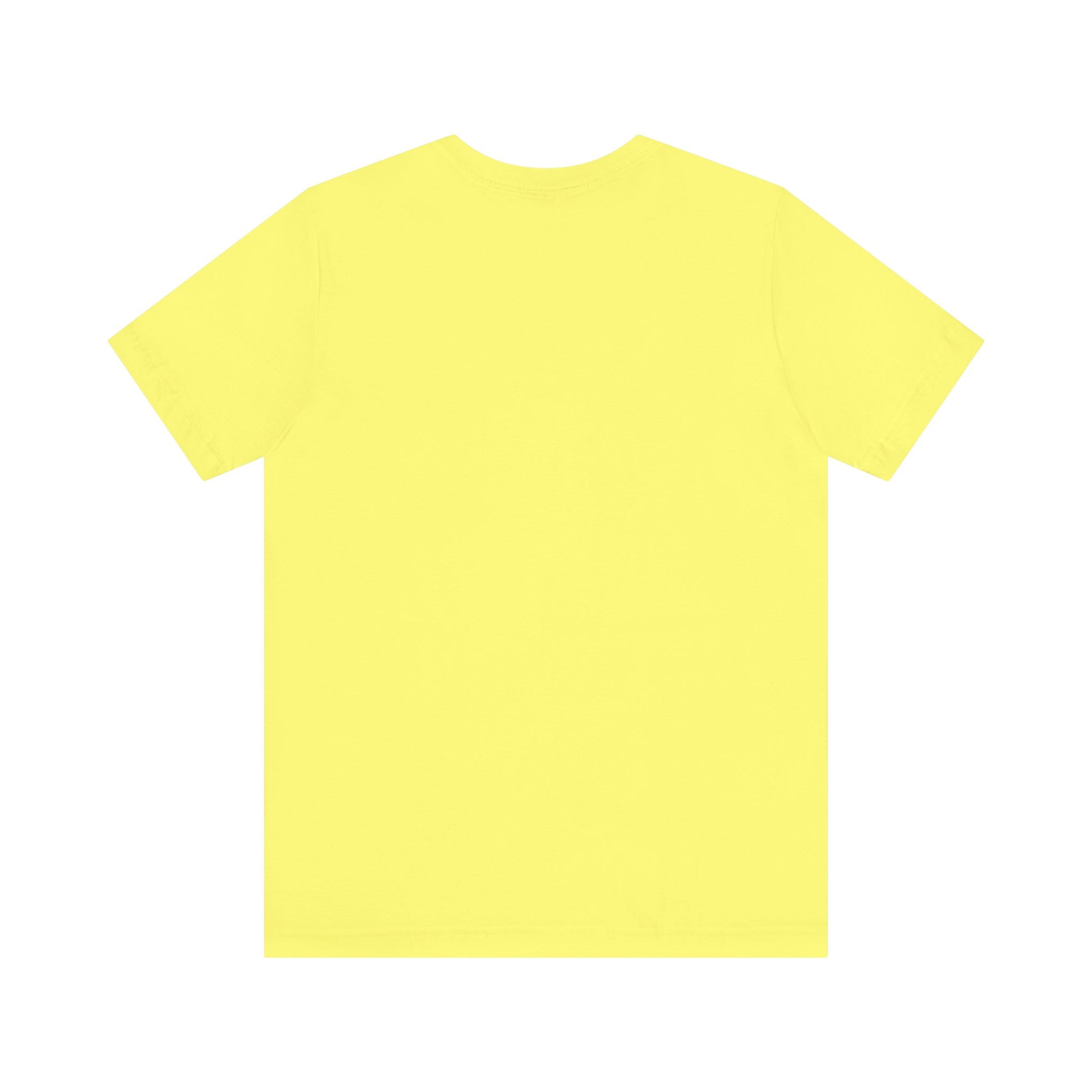 The Just the Tip - Miller Beach Unisex Jersey Short Sleeve Tee by Printify in yellow showcases text and a graphic design. The top displays "Just the tip" above a blue silhouette reminiscent of Indiana. At the bottom, it reads "Miller Beach" and "Gary, IN." Made from soft Airlume combed cotton, this tee offers both comfort and style.