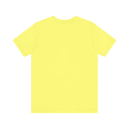 The Just the Tip - Miller Beach Unisex Jersey Short Sleeve Tee by Printify in yellow showcases text and a graphic design. The top displays "Just the tip" above a blue silhouette reminiscent of Indiana. At the bottom, it reads "Miller Beach" and "Gary, IN." Made from soft Airlume combed cotton, this tee offers both comfort and style.