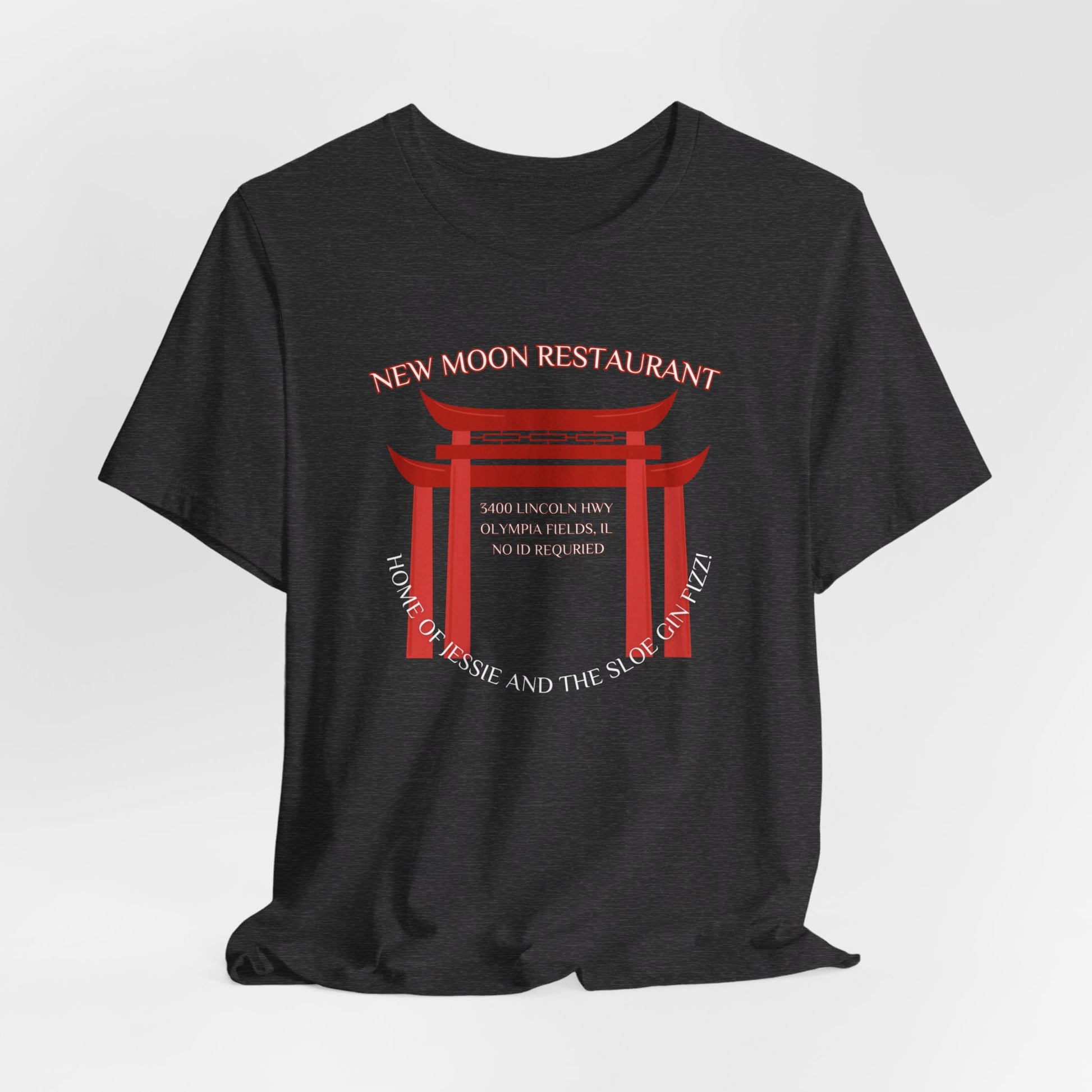 The New Moon Restaurant - Olympia Fields 1980s Retro Unisex Jersey Short Sleeve Tee by Printify is a nostalgic black jersey that features a red torii gate graphic with the text "New Moon Restaurant" at the top. Below the gate, it reads "Home of Tessie and the Slo Poke Mai Tai," along with the address "8400 Lincoln Blvd, Olympia Fields, IL.