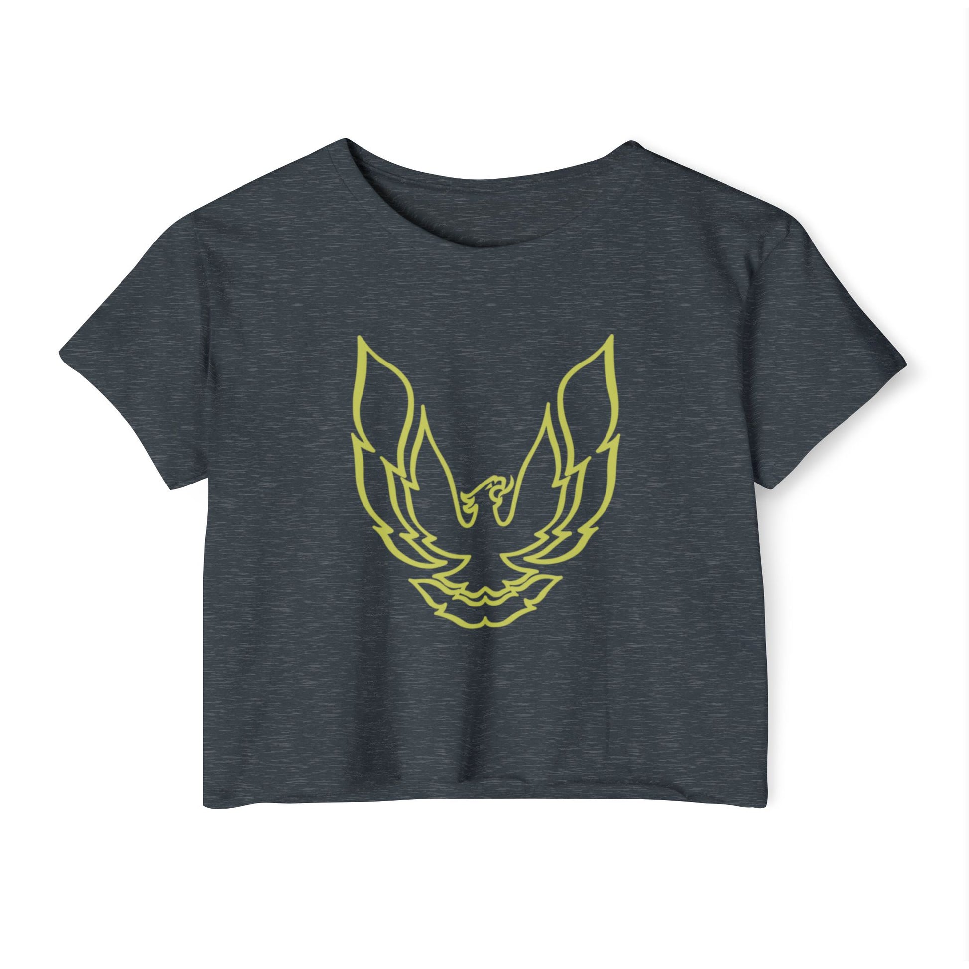 The Pontic Trans Am - Women's Festival Crop Top by Printify is a green heathered crop top featuring a large, stylized yellow eagle graphic with wings spread wide on the front, reminiscent of the Pontiac Phoenix Trans Am logo. With a simple crew neck and short sleeves, this top is ideal for vintage enthusiasts.