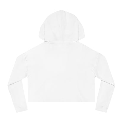 A white Women's Cropped Hooded Sweatshirt by Printify, featuring the phrase "MILLER IS CHILLER" printed in bold black letters on the front. Below the phrase, it says "MILLER BEACH • GARY, IN" in smaller black text. The SoCool Shirts hoodie includes a drawstring hood and long sleeves.