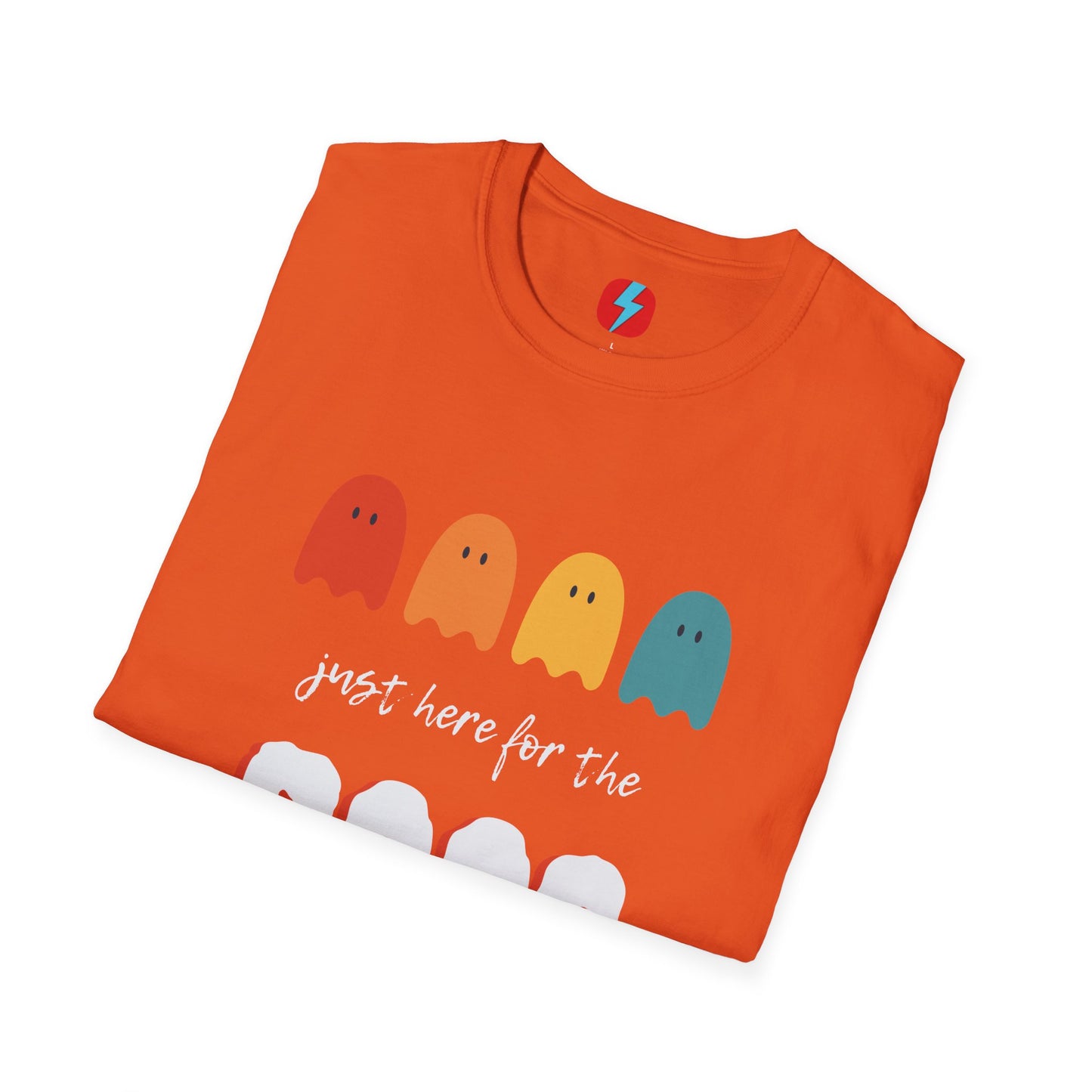 The "Just Here for the Boos - Halloween - Unisex Softstyle T-Shirt" by Printify is a blue, unisex tee with a playful Halloween theme. It features four ghost icons in red, orange, yellow, and green, followed by the text "just here for the BOOS" with "BOOS" styled in a bold and spooky font. Perfect for embracing the spooky season!