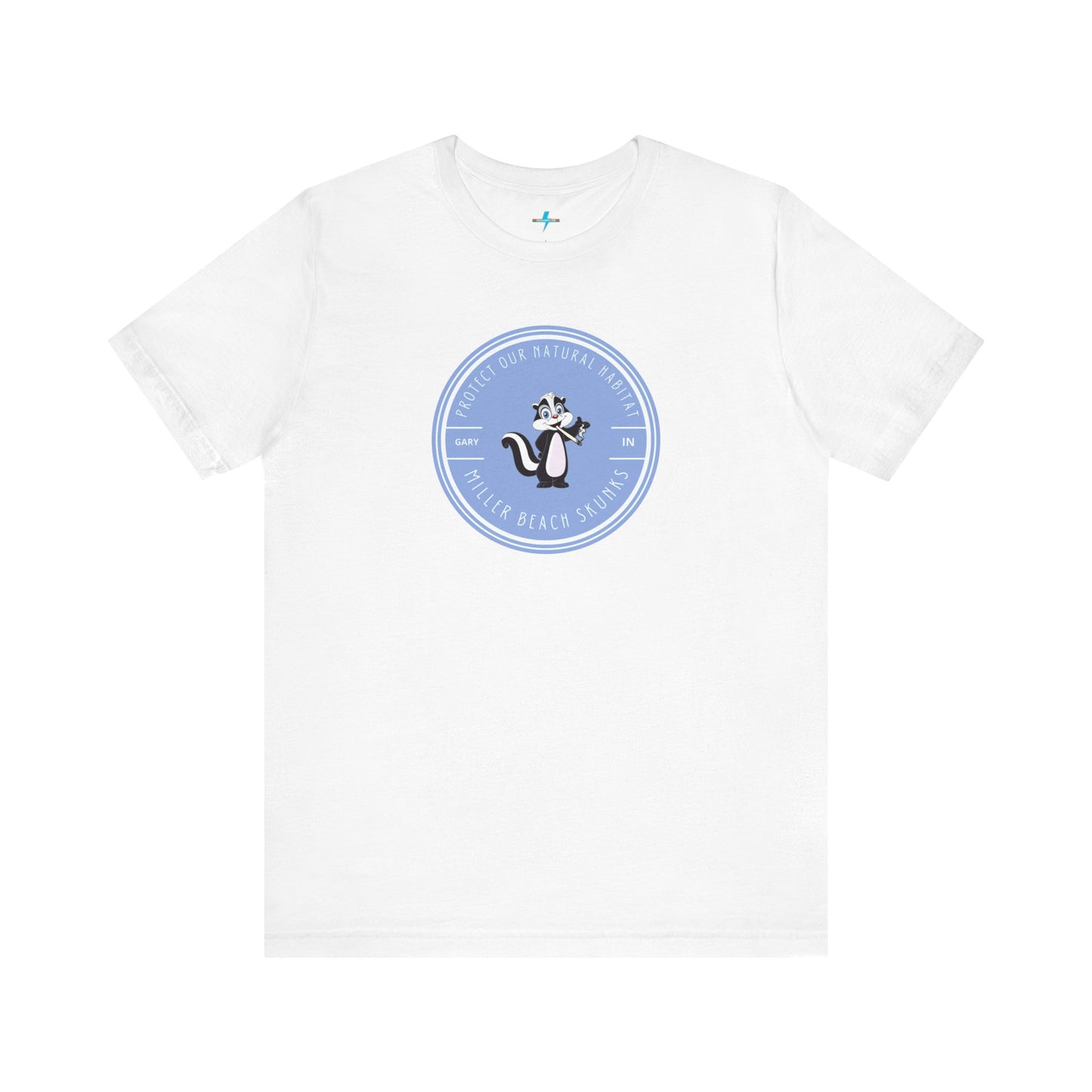 The Printify Miller Beach Skunks - Unisex Jersey Short Sleeve Tee is a gray T-shirt that features a circular blue logo at the center. Inside the logo, there is an illustration of a skunk with the text "Protect Our Habitat" and "Miller Beach Skunks" around the border, promoting environmental consciousness. The upper left part of the logo reads "Gary, IN.