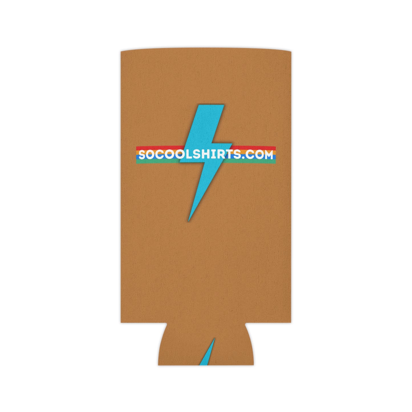 The SoCool Shirts - Koozie by Printify exudes a retro-inspired flair with its brown color and blue lightning bolt design. The website URL "SOCOOLSHIRTS.COM" stands out prominently across the middle and bottom, accentuated by yellow and red stripes.