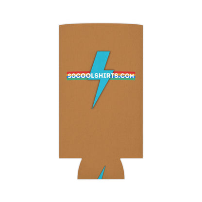 The SoCool Shirts - Koozie by Printify exudes a retro-inspired flair with its brown color and blue lightning bolt design. The website URL "SOCOOLSHIRTS.COM" stands out prominently across the middle and bottom, accentuated by yellow and red stripes.