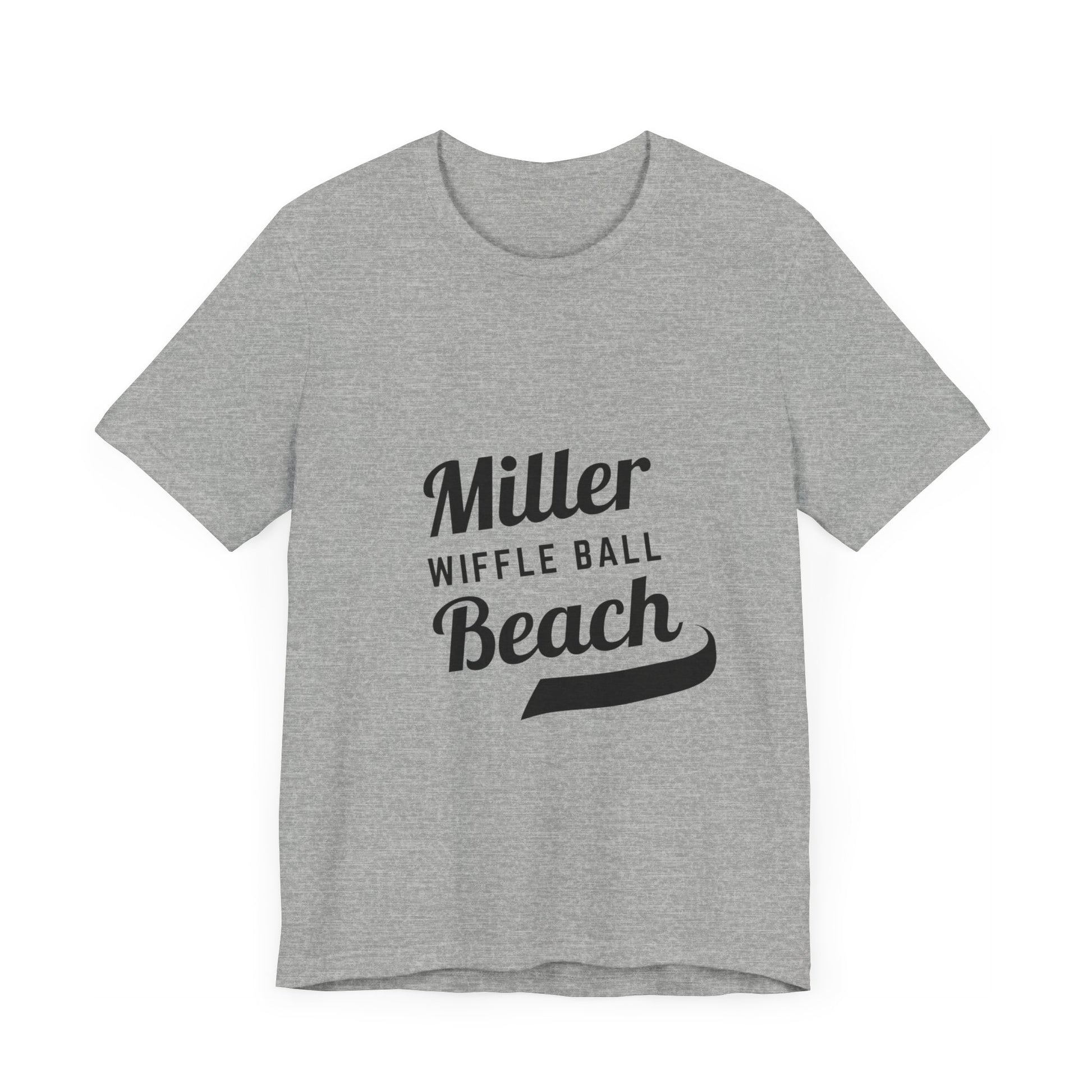 A light blue, soft cotton t-shirt with the text "Miller Beach Wiffel Ball" printed in black on the front. The design features a stylized, curved underline beneath the word "Beach," giving the text a dynamic appearance. This unisex jersey offers a comfortable retail fit for all. Product Name: Miller Beach Wiffel Ball - Unisex Jersey Short Sleeve Tee Retro Logo by Printify.