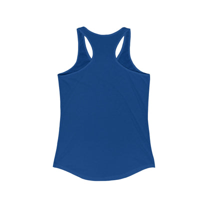 A women's ideal racerback tank from Printify, featuring a blue base with a checkered pattern in the center and a large yellow smiley face. The high-quality print on the tank reads, "YOU HAVE TO TELL ME IF YOU'RE A COP" above and below the smiley face.