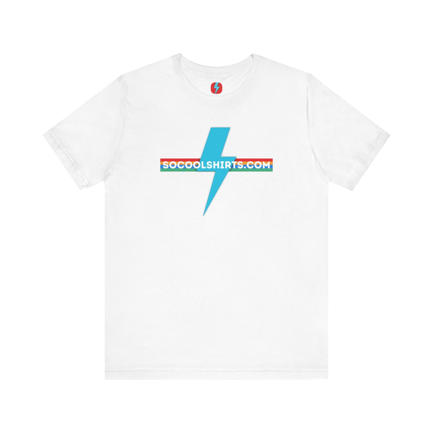 This unisex jersey short sleeve tee by Printify features a striking maroon color with a central light blue lightning bolt design. The text "SOCOOLSHIRTS.COM" is prominently displayed across the lightning bolt in white letters, set against a multicolored background that exudes retro vibes. The shirt is shown laid flat on a white backdrop.