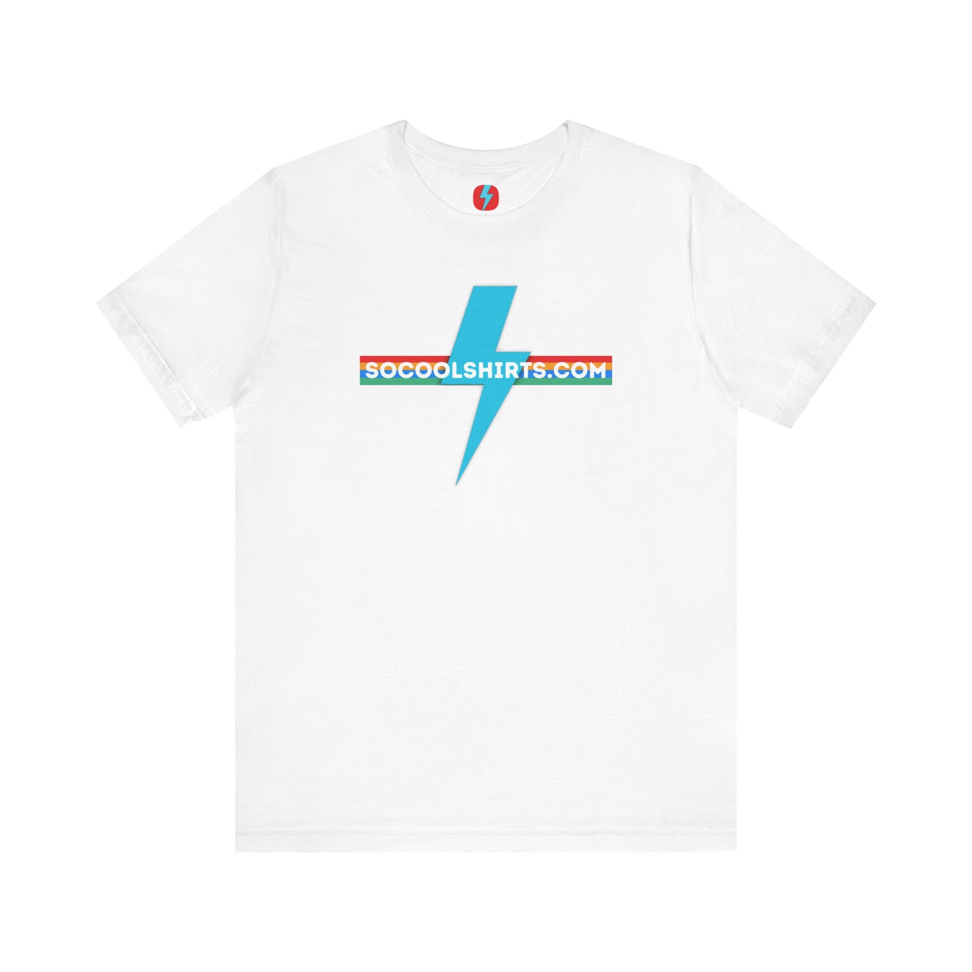 This unisex jersey short sleeve tee by Printify features a striking maroon color with a central light blue lightning bolt design. The text "SOCOOLSHIRTS.COM" is prominently displayed across the lightning bolt in white letters, set against a multicolored background that exudes retro vibes. The shirt is shown laid flat on a white backdrop.