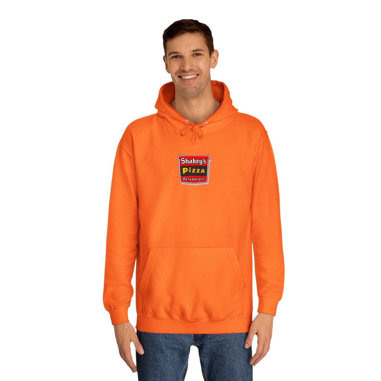 The Shakey's Pizza - 1980s Retro - Unisex Hoodie by Printify showcases a retro-style colorful logo on the front, highlighted with "Shakey's Pizza Restaurant" in bold white lettering against a striking red and black background, offering a vintage feel.