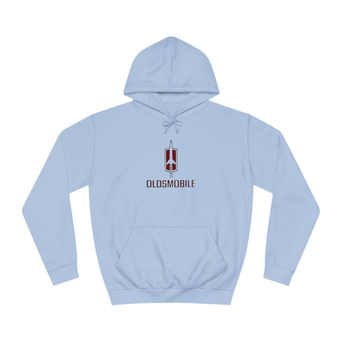 The Oldsmobile 1970s Logo - Unisex College Hoodie by Printify offers a cozy fit in white, featuring a red and black Oldsmobile logo on the front with a stylized rocket above "OLDSMOBILE." It includes a kangaroo pocket and drawstring hood for classic comfort.